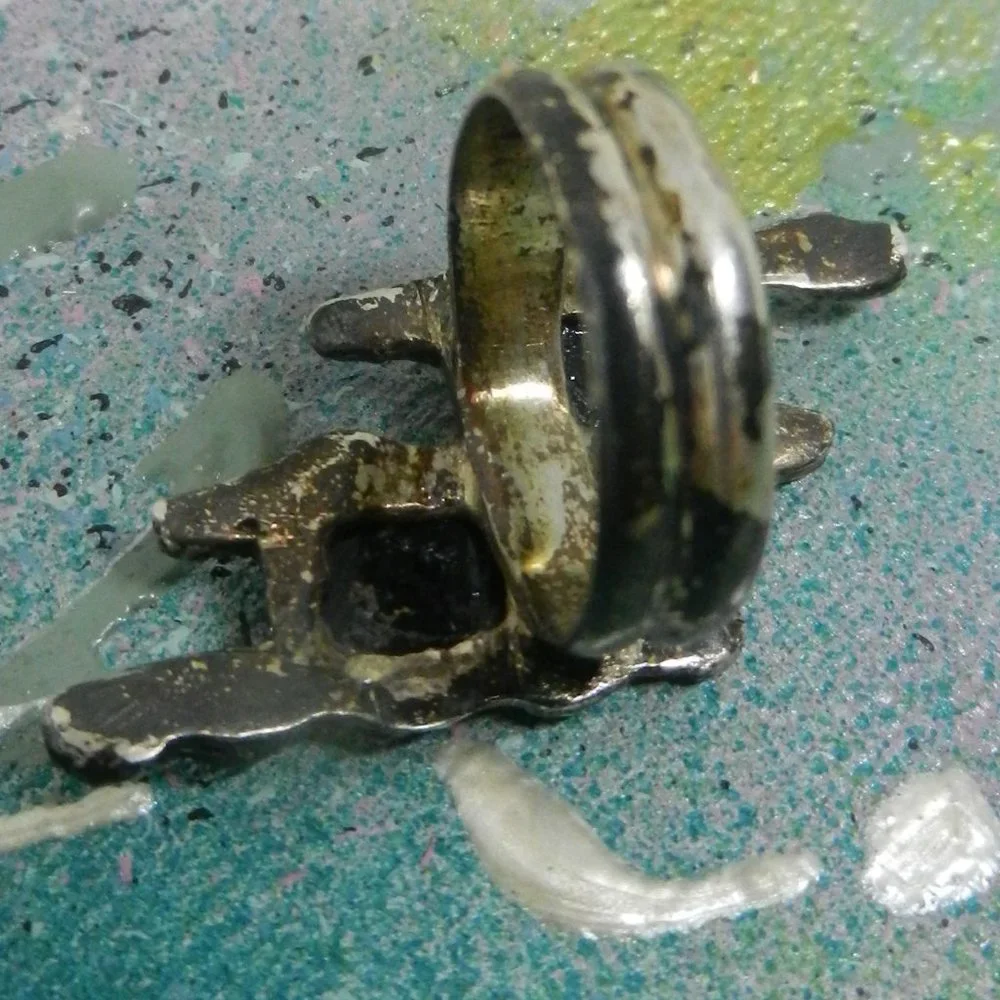 VTG artisan pewter black ring silvery statement ebony shiny bohemian size 12